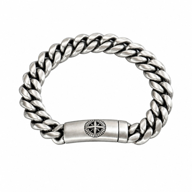 Wholesale Men's Antiqued Stainless Steel Curb Chain Bracelet with Compass Star Design