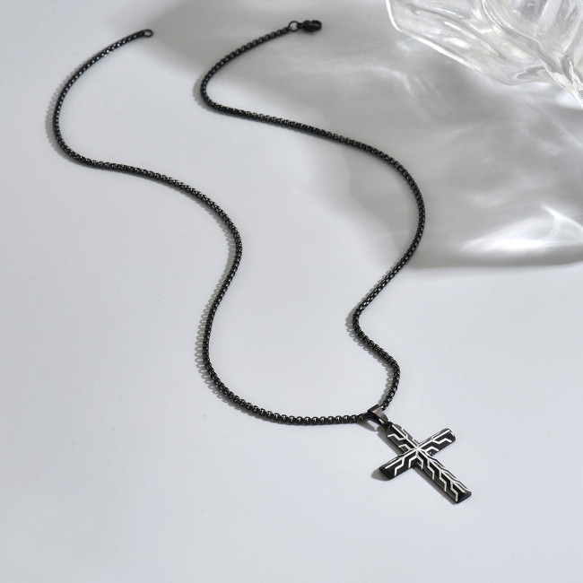 Wholesale Stainless Steel Cross Necklace with Geometric Line Pattern