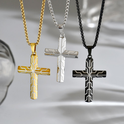 Wholesale Stainless Steel Cross Necklace with Geometric Line Pattern