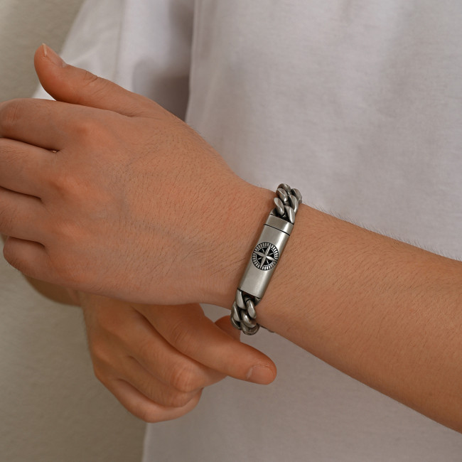 Wholesale Men's Antiqued Stainless Steel Curb Chain Bracelet with Compass Star Design