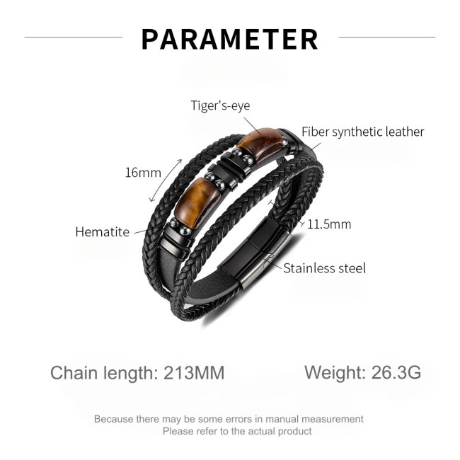 Wholesale Stainless Steel Tiger Eye Leather Bracelet