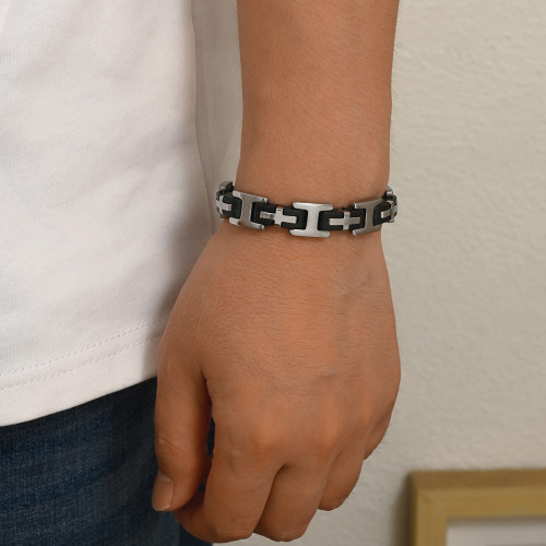 Wholesale Men's Stainless Steel Cross Bracelet with Black Band