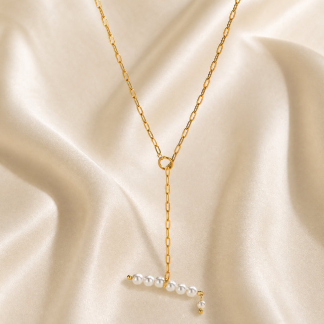 Wholesale Stainless Steel Pearl Y Necklace with PVD Gold Plating