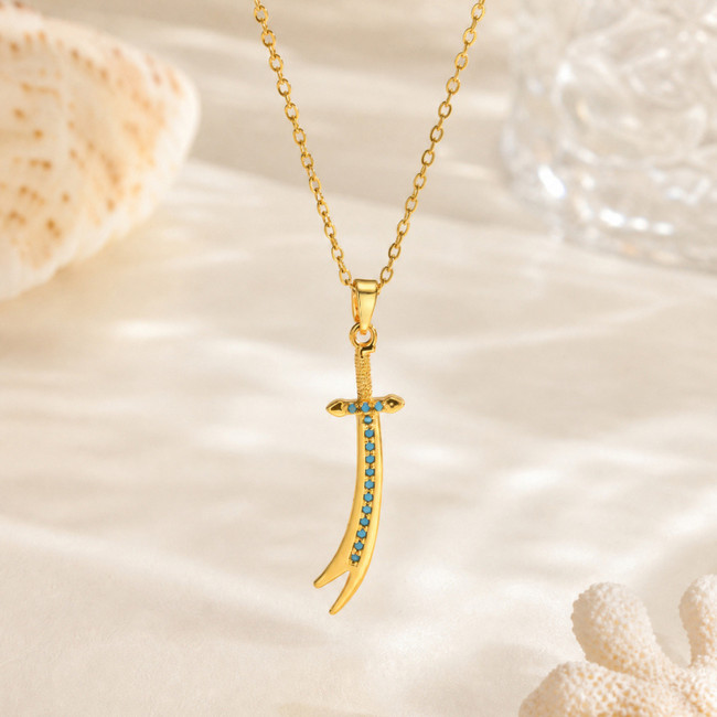 Wholesale Stainless Steel Curved Sword Necklace with Blue CZ