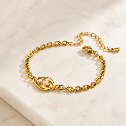Wholesale Stainless Steel Pearl Oval Charm Chain Bracelet