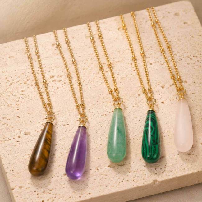 Wholesale Stainless Steel Natural Gemstone Teardrop Hoop Earrings