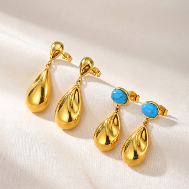 Wholesale Stainless Steel Teardrop Earrings – Turquoise and Plain Gold Styles