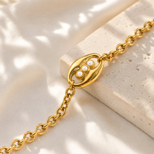 Wholesale Stainless Steel Pearl Oval Charm Chain Bracelet