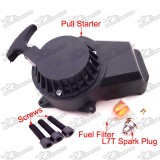 Black Aluminum Easy Recoil Pull Starter + L7T Spark Plug + Fuel Filter + Screw Bolts For 47cc 49cc Mini Moto Dirt Pocket Bike ATV Quad 4 Wheeler Minimoto
