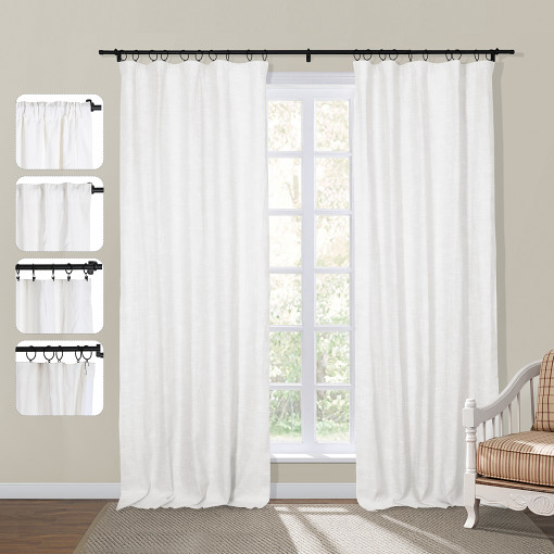Jawara Linen Cotton Curtain Drapery with White Blackout Liner 4-in-1 Header Flat Hooks Back Tab Rod Pocket Hook Belt