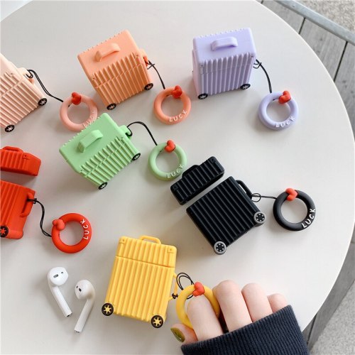 For Airpods 2 Case Suitcase Trunk Luggage Case Earphone Cover Funda with Finger Ring Strap