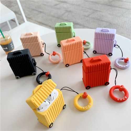For Airpods 2 Case Suitcase Trunk Luggage Case Earphone Cover Funda with Finger Ring Strap