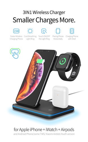 15W Qi Fast Charger 3 in 1 Wireless Charger Stand for Iphone 12 11 X XS  iWatch 1 2 3 4 Charging Dock Station for TWS earbuds