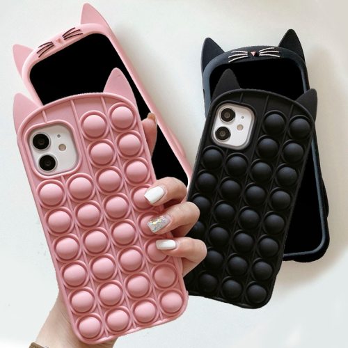 Cute Cartoon Beard Kitty Cat Sensory Toy Case for iPhone 12 11 Pro Max Reliver Stress Push It Bubble Soft Cover