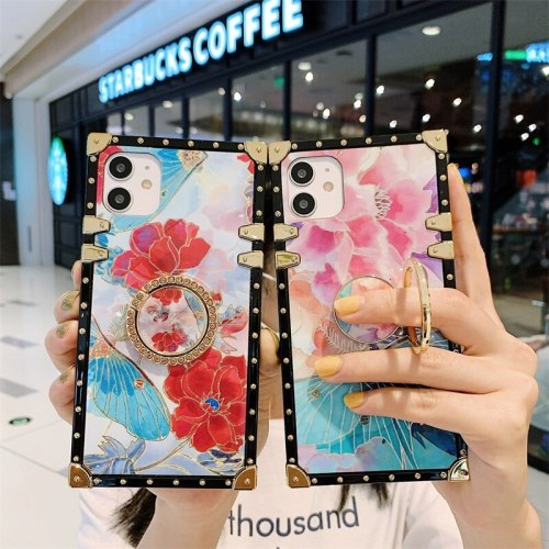 Luxury square Blu-ray Flowers silicone Phone Case For iPhone 13 12 11 Pro X XR XS MAX 6S 7 8 Plus SE Bracket Ring back Cover Coque