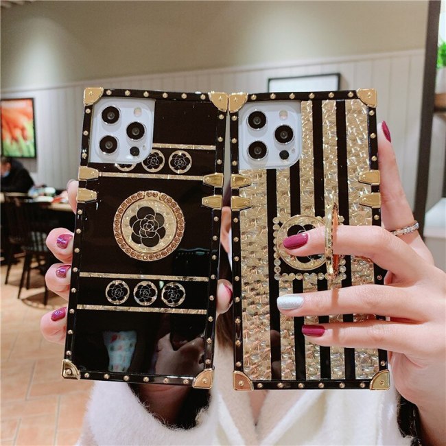 Luxury Square Bling Golden phantom Flower Ring buckle support Phone Case For iPhone 14 13 12 11 Pro X XR XS Max 7 8 Plus soft cover
