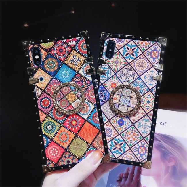 Luxury square Floral Plaid+ring Phone Case for Iphone 14 13 12 11 Pro Max Xs Max XR soft cover for Samsung S20Ultra S10 S9 Plus Note10
