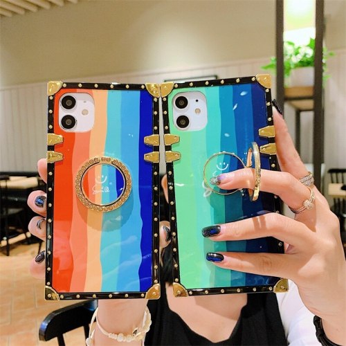 Fashion color square Phone case For iPhone 11 12 mini Pro Max 7 8 Plus XR XS MAX SE Ring Bracket back cover For Samsung S20 S10