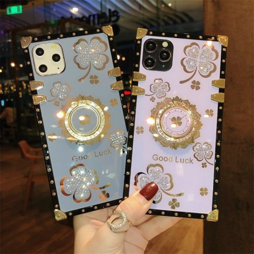 Luxury Lucky Flowers Ring Square phone Case For IPhone 13 12 11 Pro Max 6 S 7 8 Plus XR XS SE Diamond glitter Cover Bracket Fundas