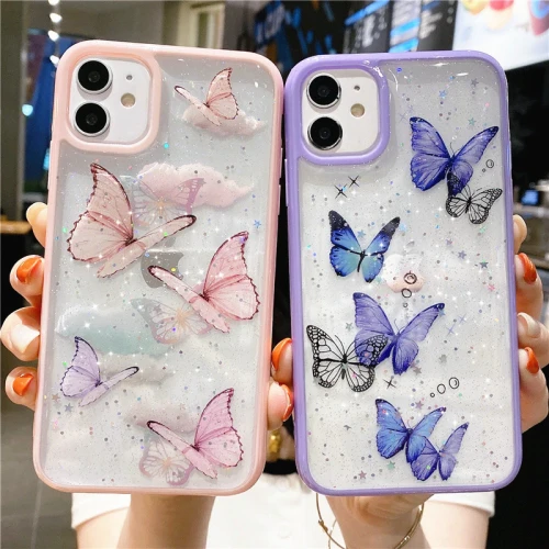 Cartoon Clear Glitter Butterfly Soft Shockproof Phone Case For iPhone 12 13 11 Pro Max XS Max XR X 6s 7 8 Plus SE Cute Shell