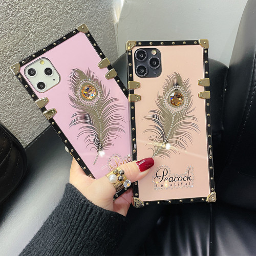 Fashion Peacock Feather Shiny Phone Case For IPhone 11 12 13 Mini Pro Max 6 S 7 8 Plus X XR XS SE Luxury Square Diamond Cover Girls