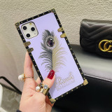 Fashion Peacock Feather Shiny Phone Case For IPhone 11 12 13 Mini Pro Max 6 S 7 8 Plus X XR XS SE Luxury Square Diamond Cover Girls