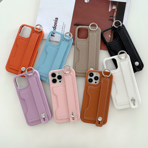 Lychee Pattern Leather Card Slot Phone Case for iphone13Pro Max 12 11 Pro Max X XS Max XR 7 8 Plus Hand Strap Cover Luxury Wrist