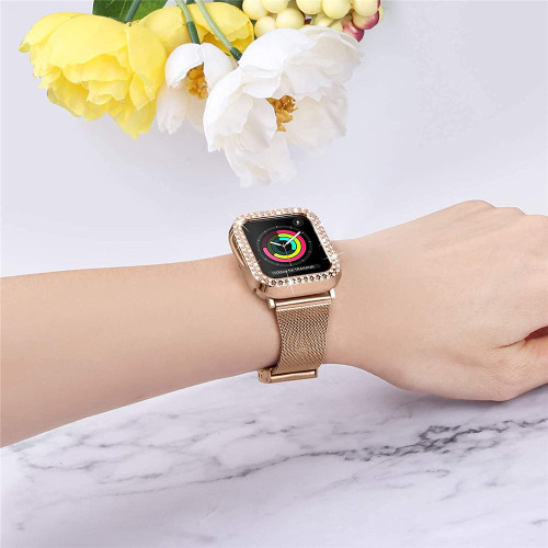 Stainless Steel Mesh Strap for Apple Watch Band 41mm 45mm 40mm 44mm Bling Crystal Diamond Case for iWatch 7 6 5 4 SE Bracelet