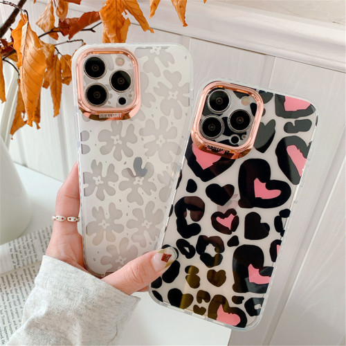 Clear Flowers Love Heart Phone Case For iPhone 13 11 12 Pro Max X XR XS Max 7 8 Plus Plating Lens Shockproof Soft IMD Back Cover