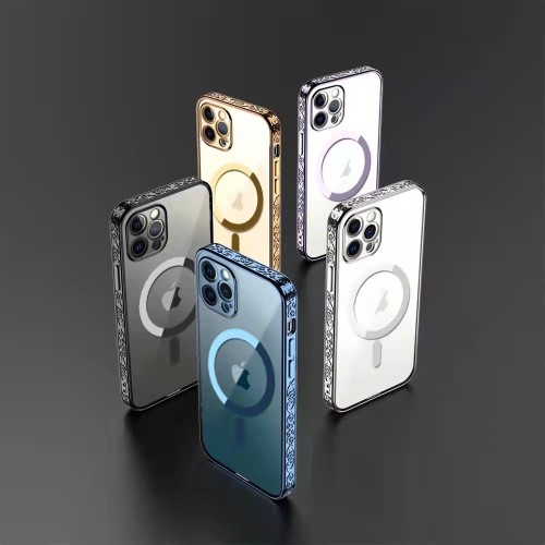 Transparent Magnetic Phone Case For iPhone 14 13 12 11 Pro Max  Fine Hole Electroplating Side Pattern Silicone Covers