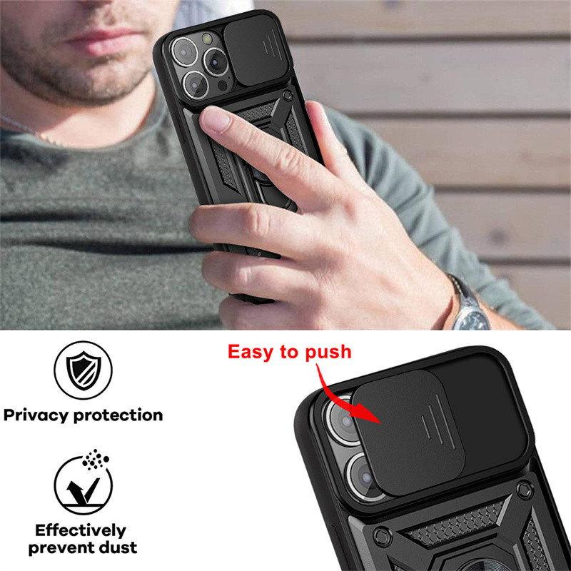 Armor Slide Camera Protection Phone Case For iPhone 14 13 12 11 Pro Max XR XS Max 7 8 Plus Magnetic Ring Holder Shockproof Cover