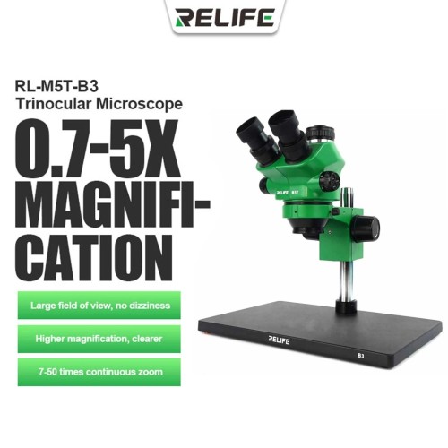 RELIFE RL-M5T-B3 Trinocular Stereo Microscope 7X-50X Zoom Matched HDMI Camera LED Light for Phone PCB Tiny Repair Microscope