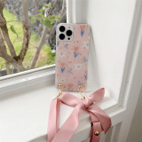 Cute Bowknot Lanyard Strap Flower Phone Case For iPhone 13 12 11 Pro Max Gold Foil Epoxy Crossbody Cord Rope Shockproof Cover
