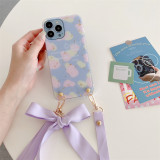 Cute Bowknot Lanyard Strap Flower Phone Case For iPhone 13 12 11 Pro Max Gold Foil Epoxy Crossbody Cord Rope Shockproof Cover