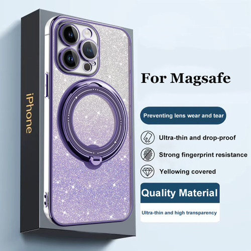 Luxury Plating Glitter Bling Car Ring Rotate Holder Car Magnetic For Magsafe Case For iPhone 15 14 Plus 13 12 11 Pro Max Cover