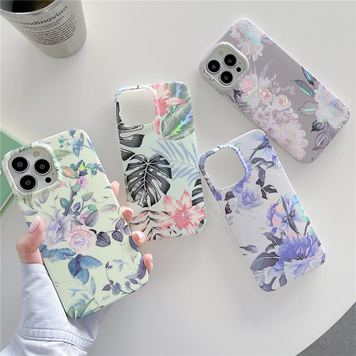 FLYKYLIN Glossy Laser Flower Phone Cases For iPhone 14 13 12 11 Pro Max X XR XS Max 7 8 Plus SE 2020 Cover Soft Silicone Shell