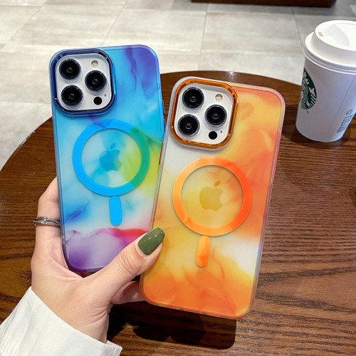 For Magsafe Magnetic Wireless Charging Art Watercolor Painting Phone Case For iPhone 13 14 Pro MAX Rainbow Silicone Soft Cover