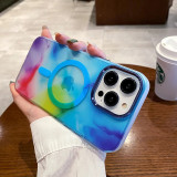 For Magsafe Magnetic Wireless Charging Art Watercolor Painting Phone Case For iPhone 13 14 Pro MAX Rainbow Silicone Soft Cover