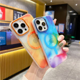 For Magsafe Magnetic Wireless Charging Art Watercolor Painting Phone Case For iPhone 13 14 15 Pro MAX Rainbow Silicone Soft Cover