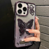 2024 Butterfly luxury Hidden Stand Phone Case for iPhone 15 14 13 11 Pro Max,Cute 3D Butterfly Kickstand Luxury Glitter Bling Gradient for Women 6D Electroplated Clear Soft TPU Protector Purple