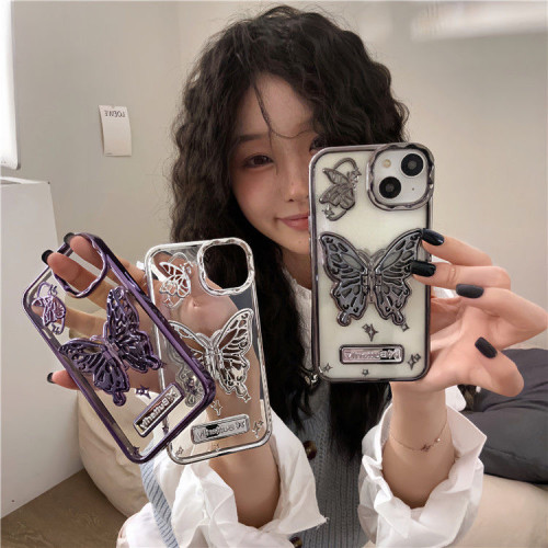 2024 Butterfly Hidden Stand Clear Phone Case for iPhone 15 14 13 11 Pro Max,Cute 3D Butterfly Kickstand Luxury Glitter Bling Gradient for Women 6D Electroplated Clear Soft TPU Protector Purple