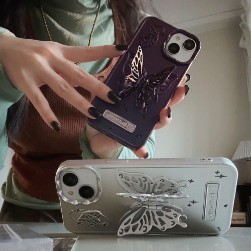 2024 Butterfly Hidden Stand Phone Case for iPhone 15 Pro Max,Cute 3D Butterfly Kickstand Luxury Glitter Bling Gradient for Women 6D Electroplated Clear Soft TPU Protector Purple