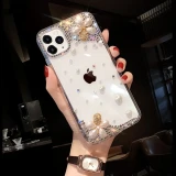 Sparkling Crystal Camellia Phone Case, Bling Diamond, Pearl Glitter, Cover for iPhone 15, 14, 13, 12, 11 Pro Max,