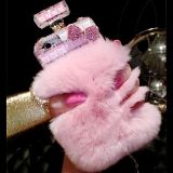 High Quality Bling Diamond Rhinestone Fur Phone Case, Plush Soft Cover, Warm, Bling, Perfume Bottle, For iPhone 14, 15 Pro, Max