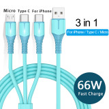 3 in 1 66W USB Fast Charging Cable For iPhone 14 Samsung Xiaomi Huawei Phone Charger Cable USB Type C Micro USB Lightning Cord
