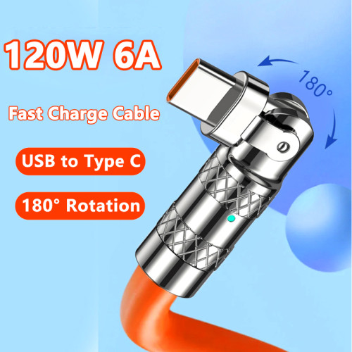 180 Degree Rotation Fast Charging 120W USB C Cable For Xiaomi Huawei Samsung Liquid Silicone 6A Type C Charger Data Game Cord