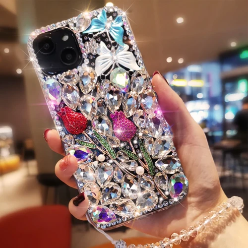 Rhinestone Flower Phone Cover for iPhone, Cute Diamond Butterfly Crystal Case, Luxury, 15, 14 Pro Max, 13, 12, 11, X, XR, XS