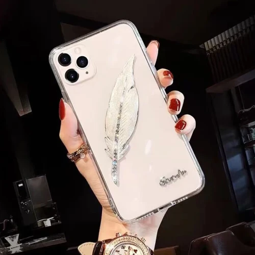 Bling Rhinestone Diamond Feather Soft Transparent Cover for Women, Case for iPhone 15, 14, 12, 11, 13 Pro Max, 7, 8 Plus
