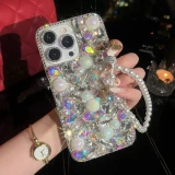 3D Bling Diamond Laser Pearl Crystal Camellia Strap Phone Case for Iphone 15 14 12 Pro Max MiNi 11 13 Pro X XR 7 8 Plus Cover