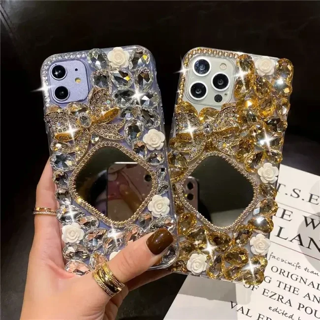 Bling Diamond Chain Bow Mirror Strap Phone Case, Cover for iPhone 15, 14, X, XR, XS, 12, 13, 11 Pro Max, 7Plus, 8 Plus, SE Mini